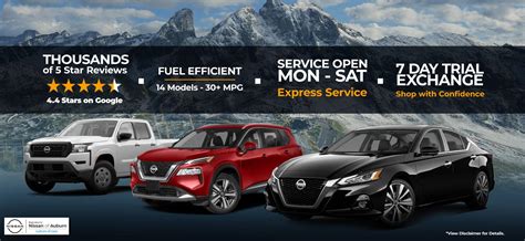 Rairdon's nissan of auburn - RAIRDON'S NISSAN OF AUBURN. 713 35TH STREET NE AUBURN, WA 98002. Get Directions Call (253) 218-1354. Service Hours. mon - fri: 7:30 am - 7:00 pm ... *Eligible on select OEM, OEA, and WIN tires only when purchased from and installed by a participating Nissan dealer. Other restrictions apply. See dealer for details. Price and offer availability ...
